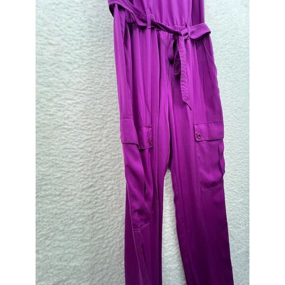 Lauren Ralph Lauren 8 Purple Satin Belted Spaghetti Strap Cargo Jogger Jumpsuit - Picture 3 of 9